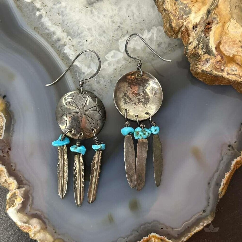 Vintage Native American Silver Turquoise w/Feather Dangle Earrings For Women - Picture 7 of 10